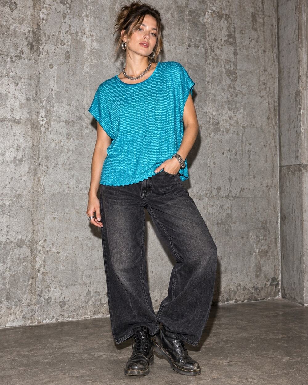 Kim Rogers Medium Teal Metallic Textured Short Sleeve Top NWT